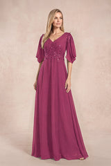 Mulberry Chiffon Lone Sleeves A-Line V-Neck Embroidered Mother of the Bride Dress | KISSBRIDAL