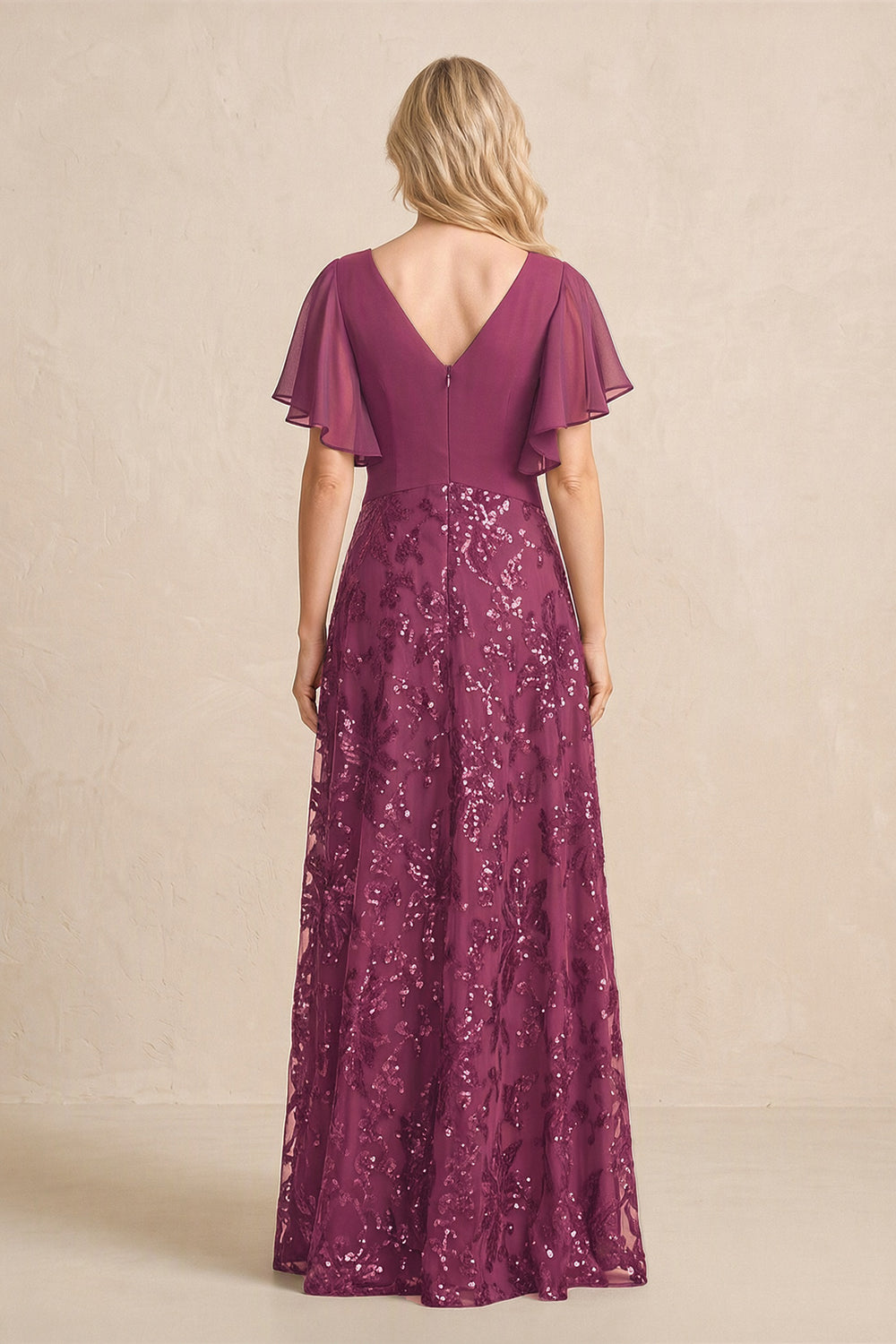 Mulberry Purple Chiffon V-Neck A-Line Embroidered Mother of the Bride Dress with Ruffled Sleeves