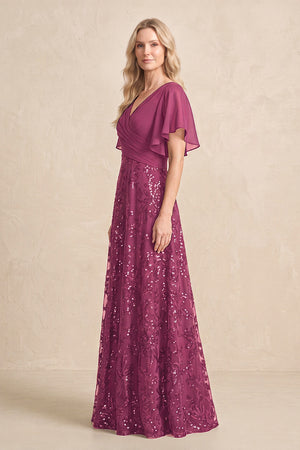Mulberry Chiffon V-Neck A-Line Embroidered Mother of the Bride Dress with Ruffled Sleeves (3) | KISSBRIDAL