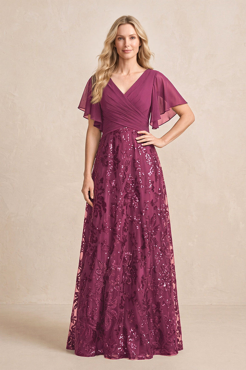 Mulberry Purple Chiffon V-Neck A-Line Embroidered Mother of the Bride Dress with Ruffled Sleeves