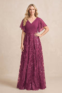 Mulberry Chiffon V-Neck A-Line Embroidered Mother of the Bride Dress with Ruffled Sleeves | KISSBRIDAL