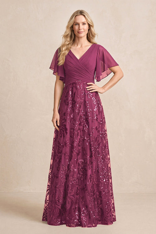 Mulberry Chiffon V-Neck A-Line Embroidered Mother of the Bride Dress with Ruffled Sleeves | KISSBRIDAL