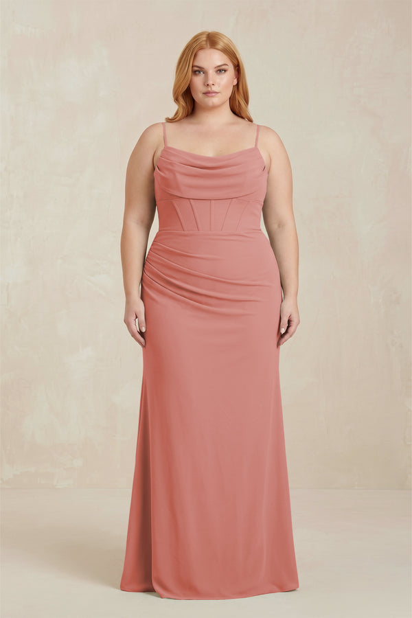 Mulberry Cowl Neck Sheath Chiffon Bridesmaid Dress with Corset | KISSBRIDAL