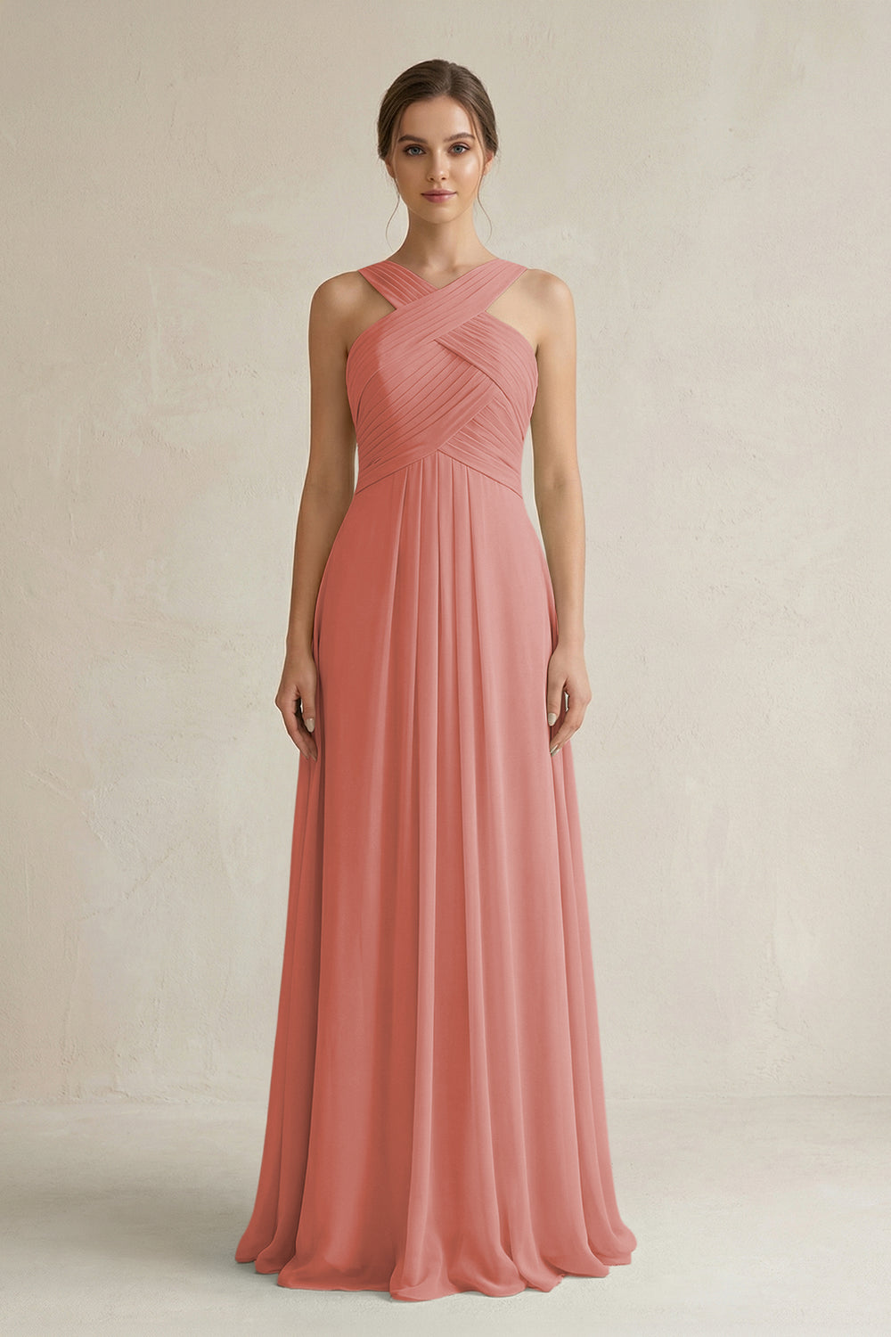 Cross Halter Chiffon A-Line Pleated Bridesmaid Dress in Mulberry