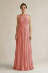 Mulberry Cross Halter Chiffon A-Line Pleated Bridesmaid Dress | KISSBRIDAL
