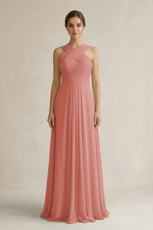 Mulberry Cross Halter Chiffon A-Line Pleated Bridesmaid Dress | KISSBRIDAL