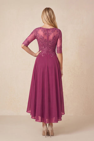 Mulberry Embroidered A-Line Chiffon Midi Mother of the Bride Dress with Sleeves (2) | KISSBRIDAL