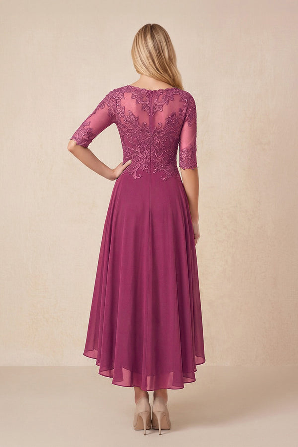 Mulberry Embroidered A-Line Chiffon Midi Mother of the Bride Dress with Sleeves (2) | KISSBRIDAL