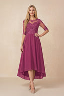 Mulberry Embroidered A-Line Chiffon Midi Mother of the Bride Dress with Sleeves | KISSBRIDAL
