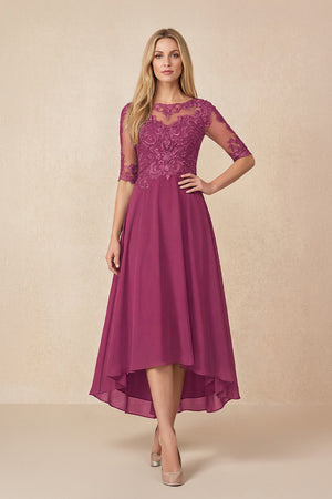 Mulberry Embroidered A-Line Chiffon Midi Mother of the Bride Dress with Sleeves | KISSBRIDAL