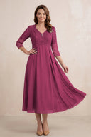 Mulberry Embroidered Chiffon A-Line Midi Mother of the Bride Dress | KISSBRIDAL