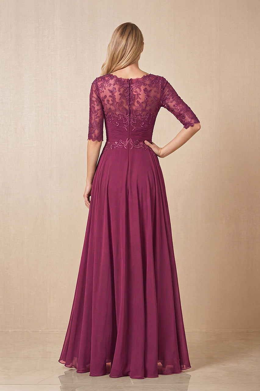 Mulberry Purple Embroidered Chiffon Boat Neck A-Line Mother of the Bride Dress with Half Sleeves