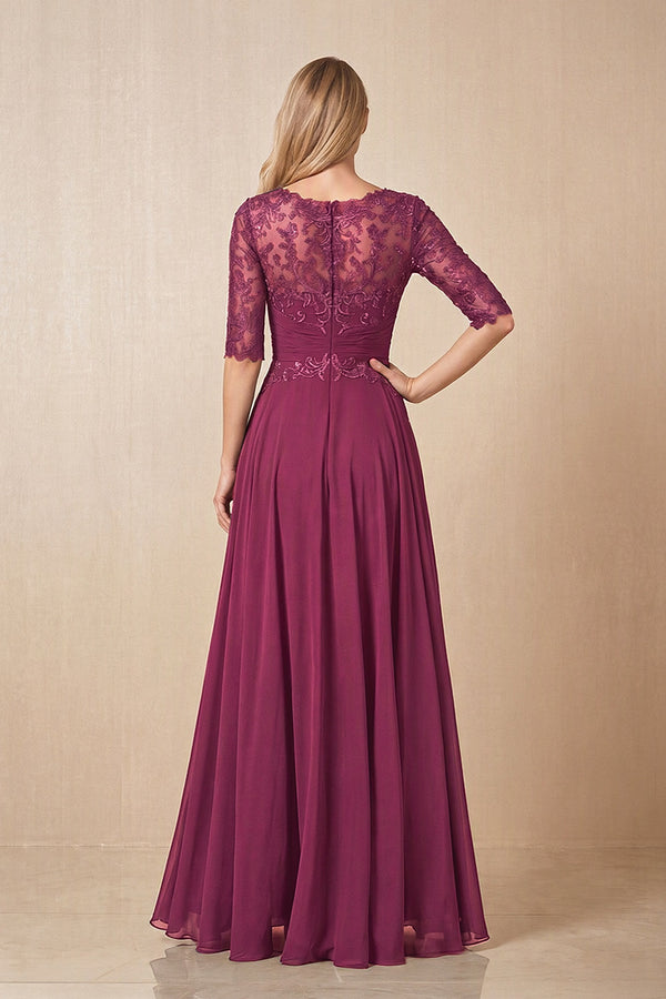 Mulberry Embroidered Chiffon Boat Neck A-Line Mother of the Bride Dress with Half Sleeves (2) | KISSBRIDAL