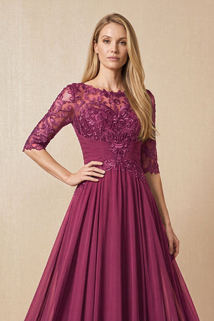 Mulberry Embroidered Chiffon Boat Neck A-Line Mother of the Bride Dress with Half Sleeves (3) | KISSBRIDAL