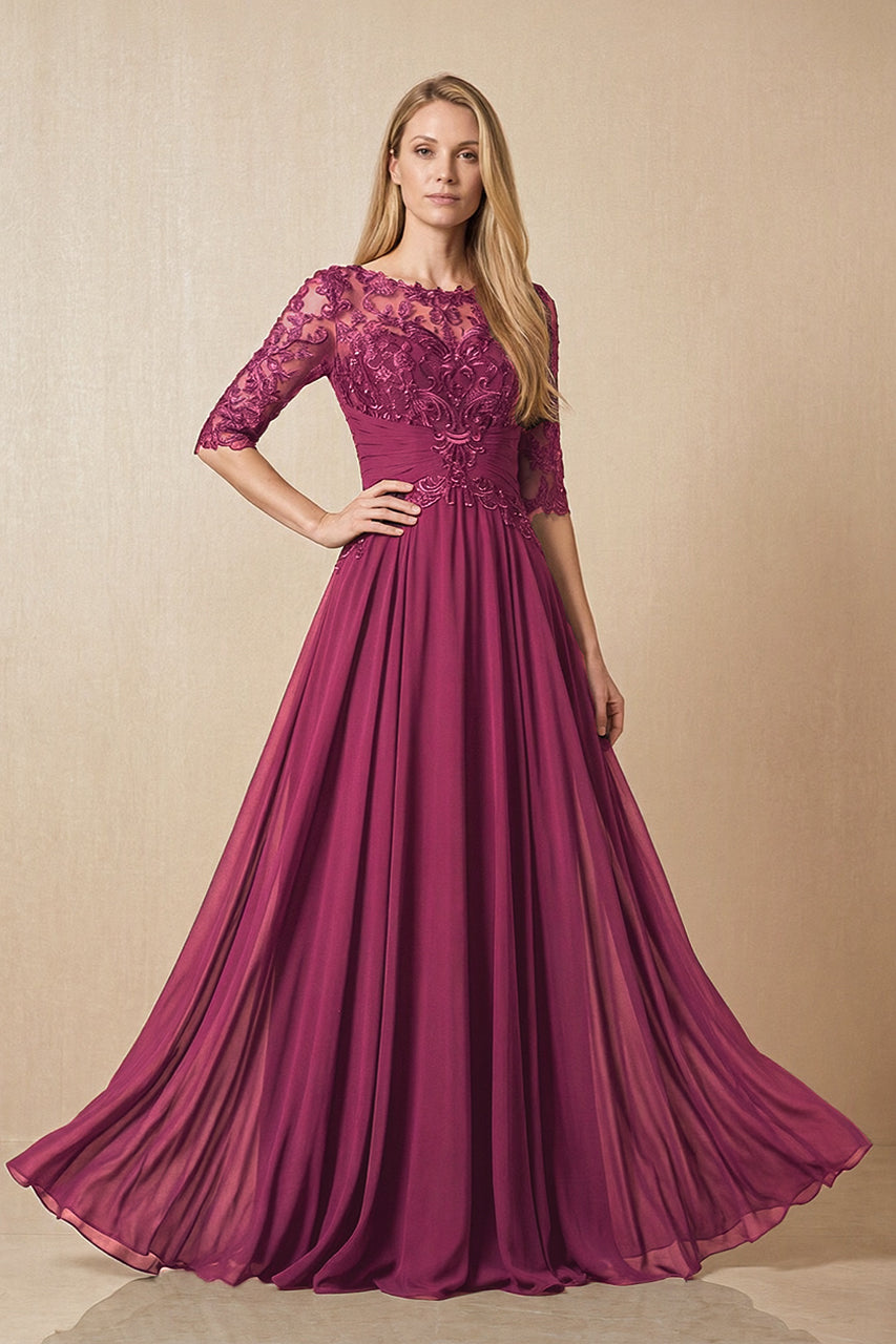 Mulberry Purple Embroidered Chiffon Boat Neck A-Line Mother of the Bride Dress with Half Sleeves