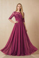 Mulberry Embroidered Chiffon Boat Neck A-Line Mother of the Bride Dress with Half Sleeves | KISSBRIDAL