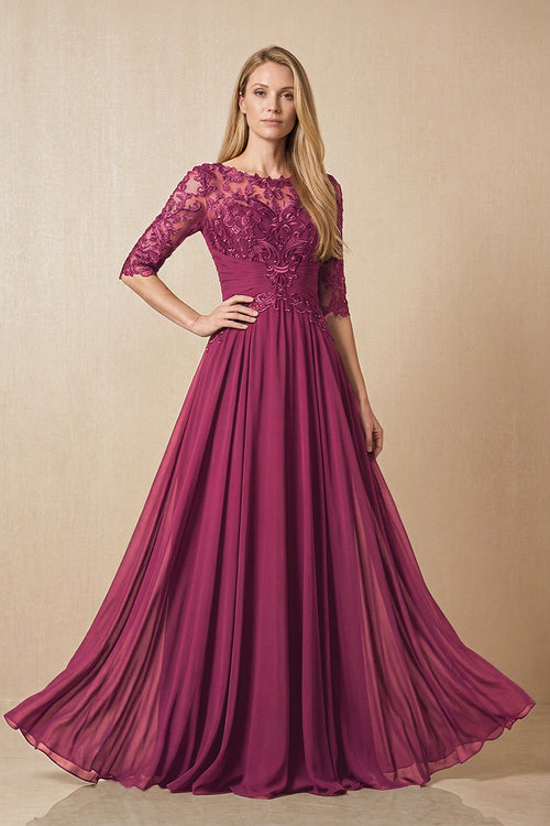 Mulberry Embroidered Chiffon Boat Neck A-Line Mother of the Bride Dress with Half Sleeves | KISSBRIDAL