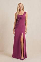 Mulberry Embroidered Cowl Neck Sheath Chiffon Mother of the Bride Dress | KISSBRIDAL