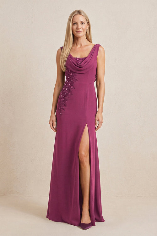 Mulberry Embroidered Cowl Neck Sheath Chiffon Mother of the Bride Dress | KISSBRIDAL