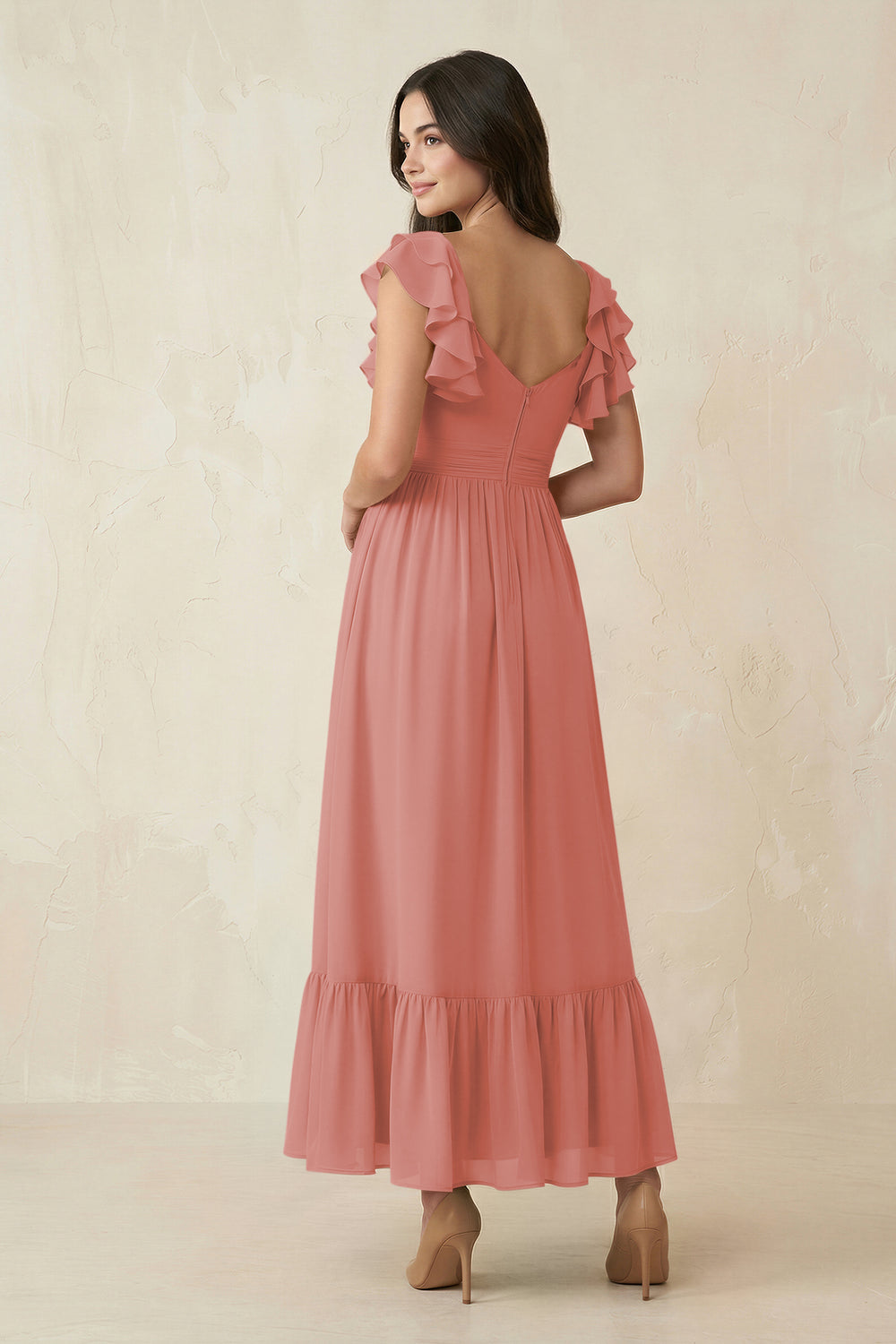 Flutter Sleeve Sweetheart A-Line Chiffon Bridesmaid Dress in Mulberry