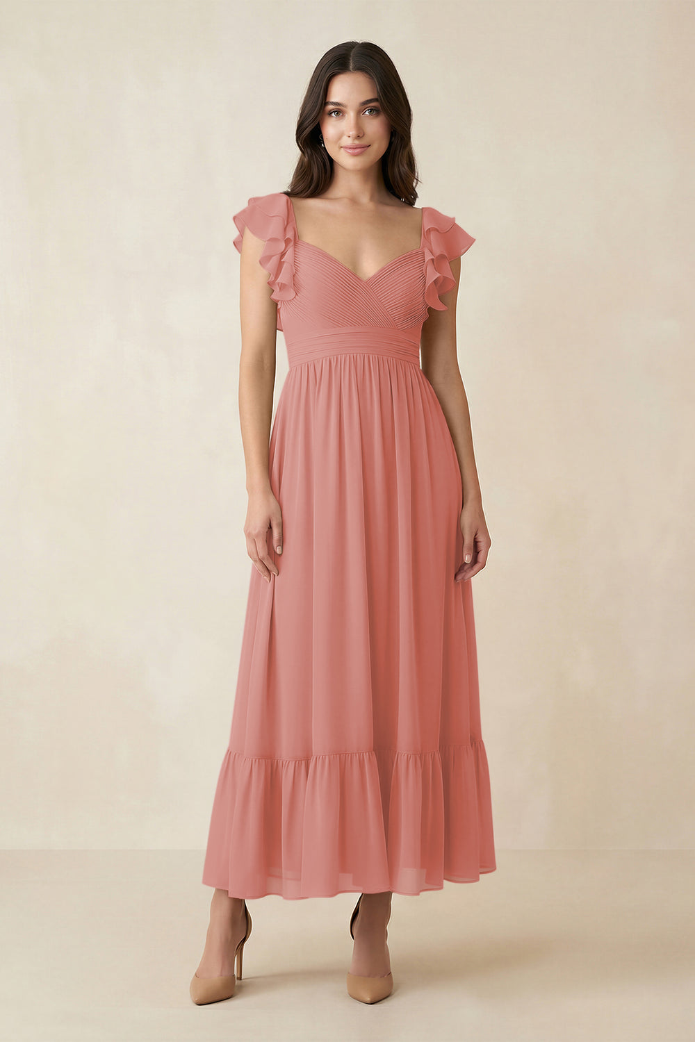 Flutter Sleeve Sweetheart A-Line Chiffon Bridesmaid Dress in Mulberry