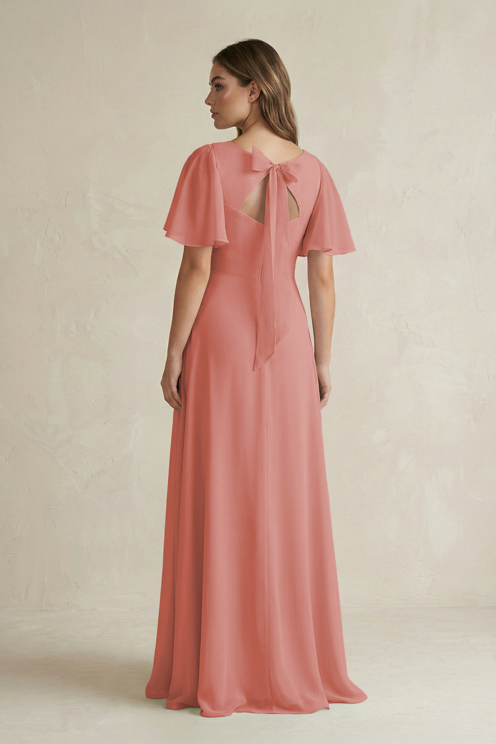 Flutter Sleeve V-Neck A-Line Chiffon Bridesmaid Dress in Mulberry