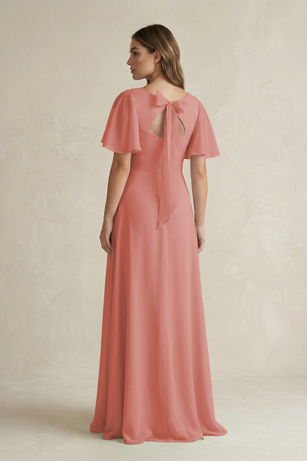 Mulberry Flutter Sleeve V-Neck A-Line Chiffon Bridesmaid Dress (2) | KISSBRIDAL