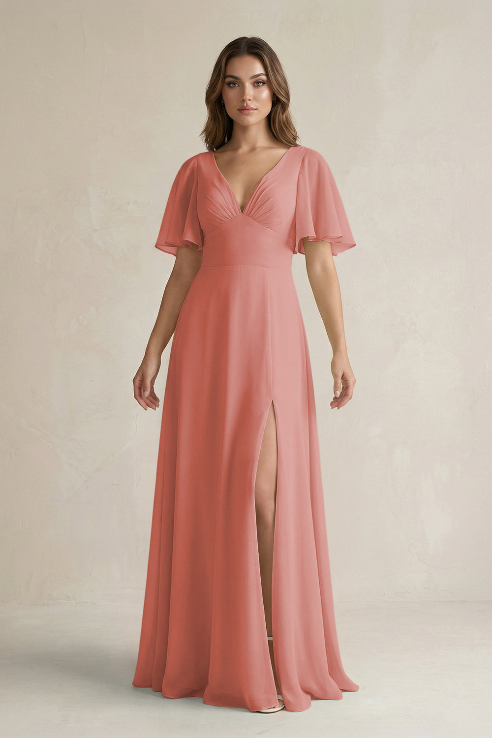 Flutter Sleeve V-Neck A-Line Chiffon Bridesmaid Dress in Mulberry