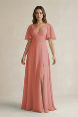 Mulberry Flutter Sleeve V-Neck A-Line Chiffon Bridesmaid Dress | KISSBRIDAL