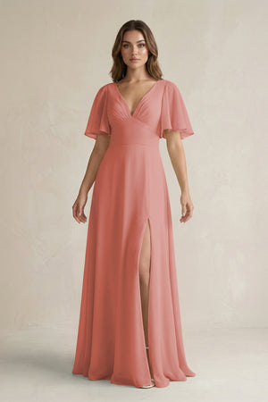 Mulberry Flutter Sleeve V-Neck A-Line Chiffon Bridesmaid Dress | KISSBRIDAL