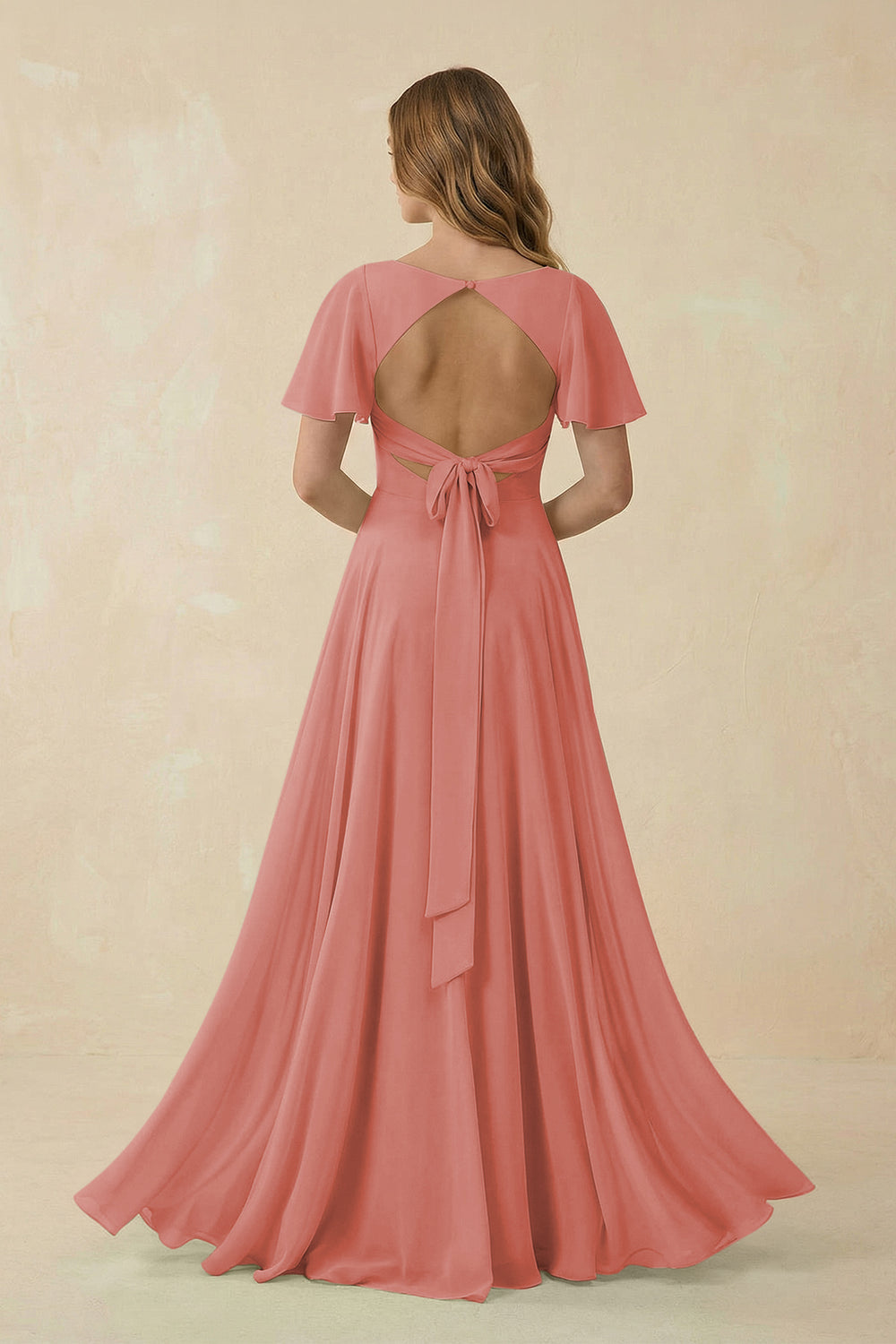 Flutter Sleeve V-Neck Chiffon A-Line Bridesmaid Dress in Mulberry
