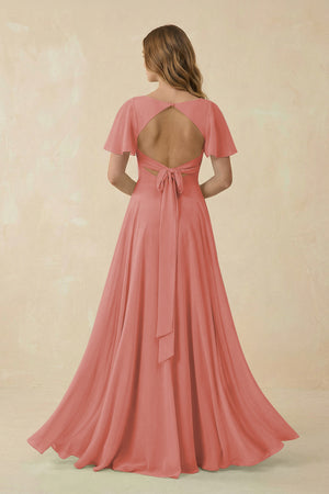 Mulberry Flutter Sleeve V-Neck Chiffon A-Line Bridesmaid Dress (2) | KISSBRIDAL