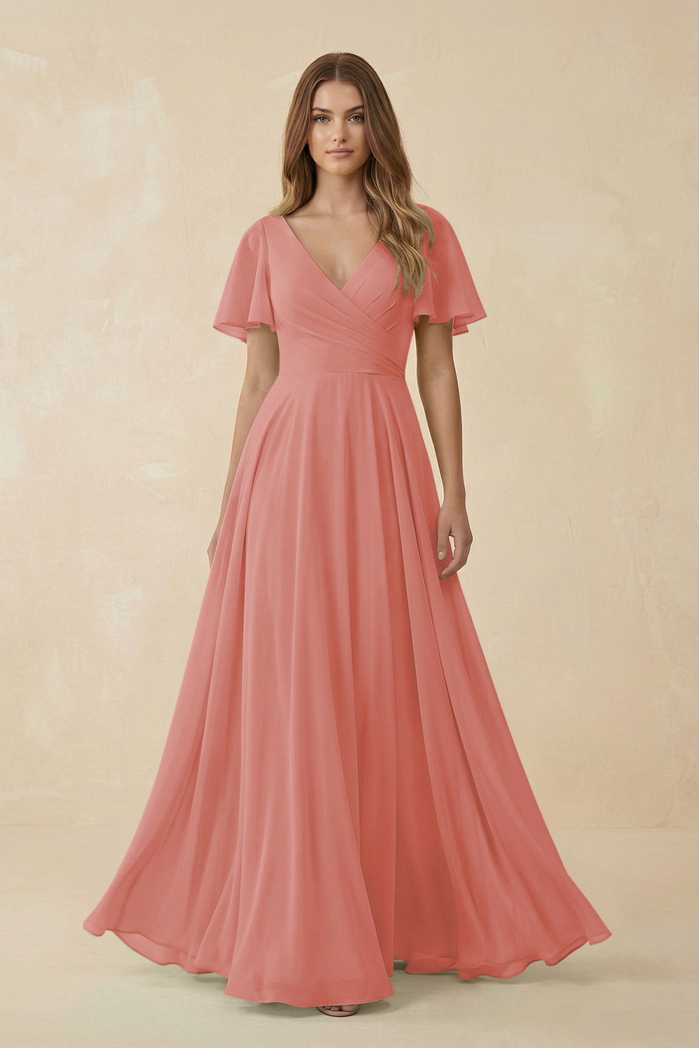Flutter Sleeve V-Neck Chiffon A-Line Bridesmaid Dress in Mulberry