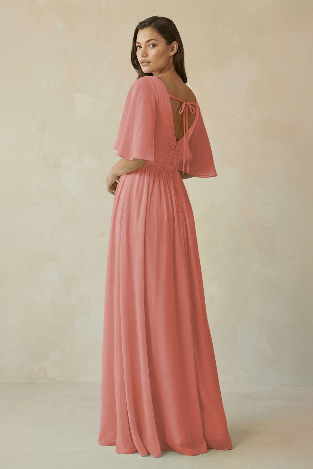 Half Sleeve V-Neck A-Line Chiffon Bridesmaid Gown in Mulberry