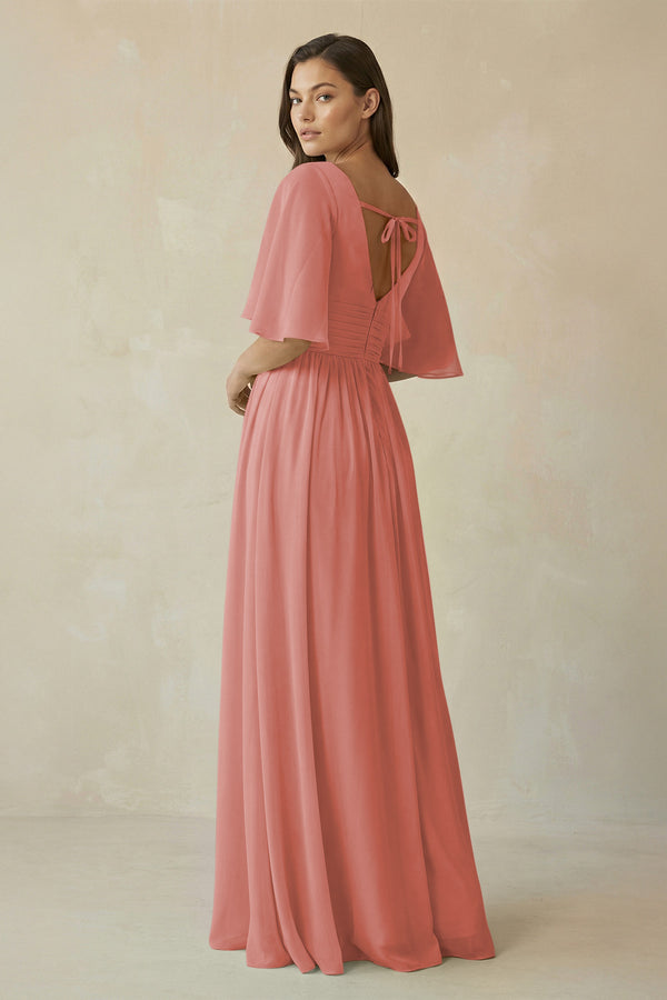 Mulberry Half Sleeve V-Neck A-Line Chiffon Bridesmaid Gown (2) | KISSBRIDAL