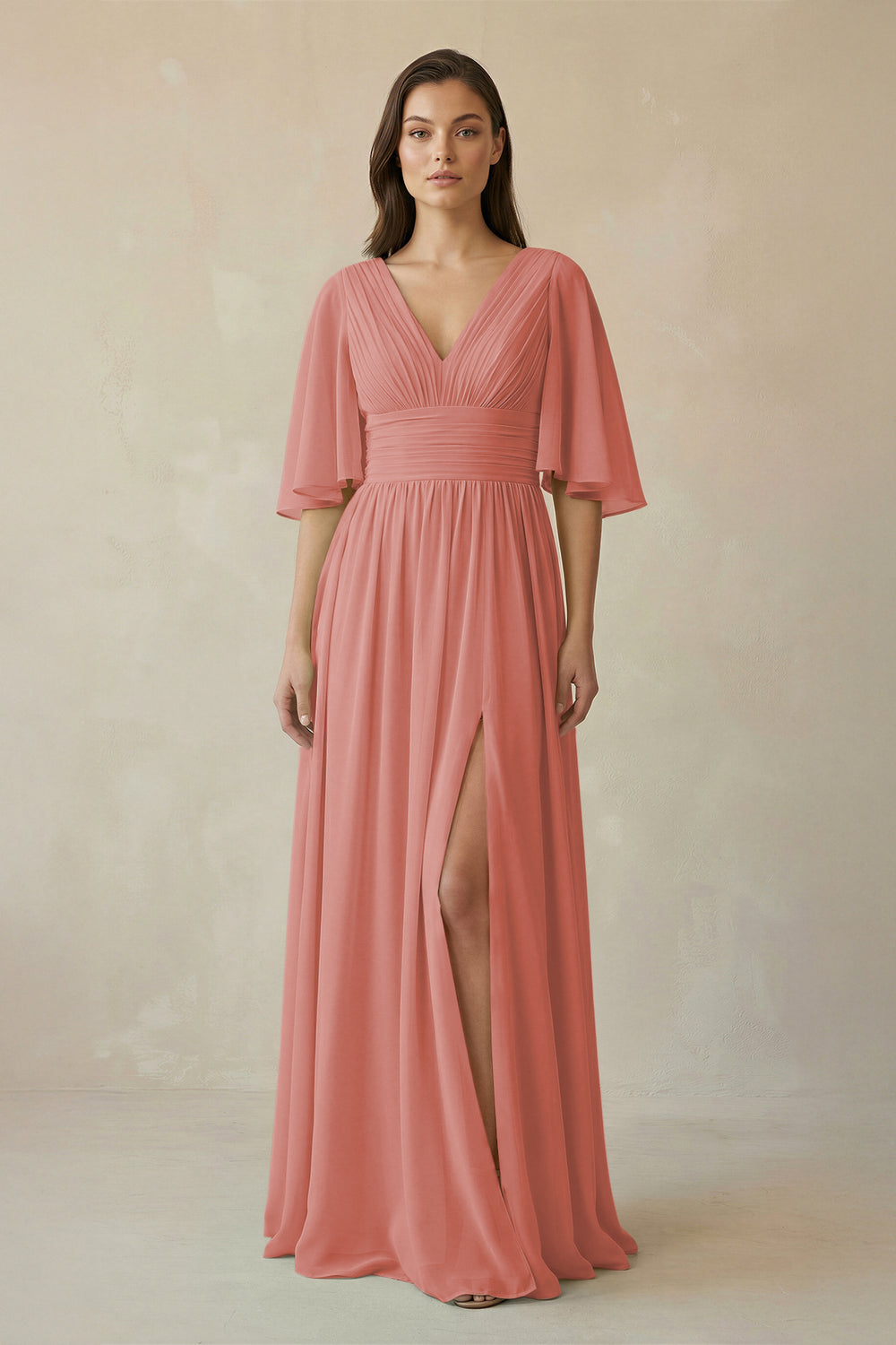 Half Sleeve V-Neck A-Line Chiffon Bridesmaid Gown in Mulberry