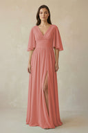 Mulberry Half Sleeve V-Neck A-Line Chiffon Bridesmaid Gown | KISSBRIDAL