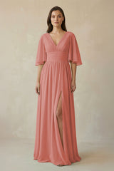 Mulberry Half Sleeve V-Neck A-Line Chiffon Bridesmaid Gown | KISSBRIDAL