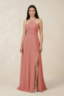 Mulberry Halter Chiffon A-Line Bridesmaid Dress With Slit | KISSBRIDAL