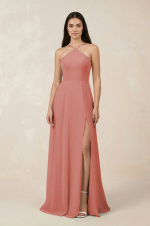 Mulberry Halter Chiffon A-Line Bridesmaid Dress With Slit | KISSBRIDAL