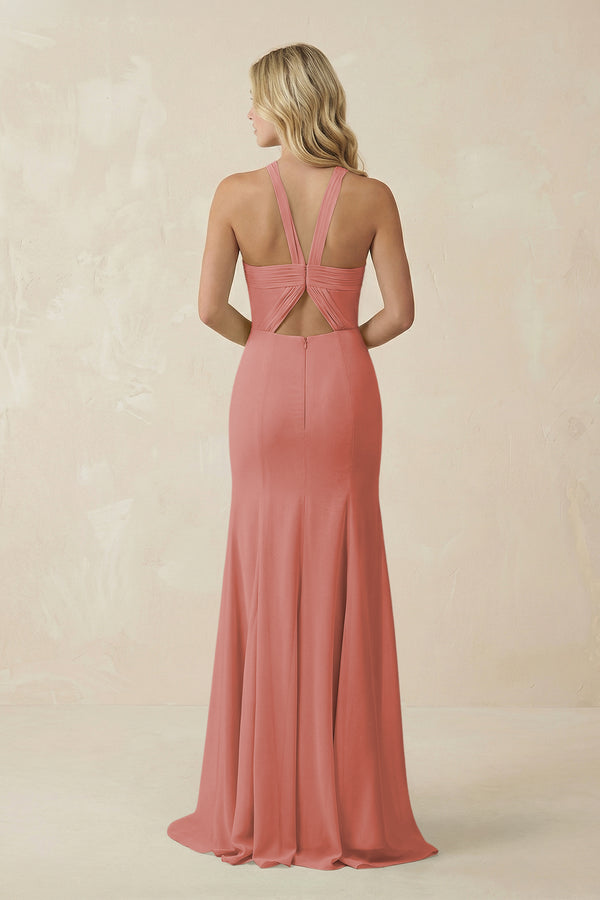 Mulberry Halter Chiffon Mermaid Ruched Bridesmaid Dress (2) | KISSBRIDAL