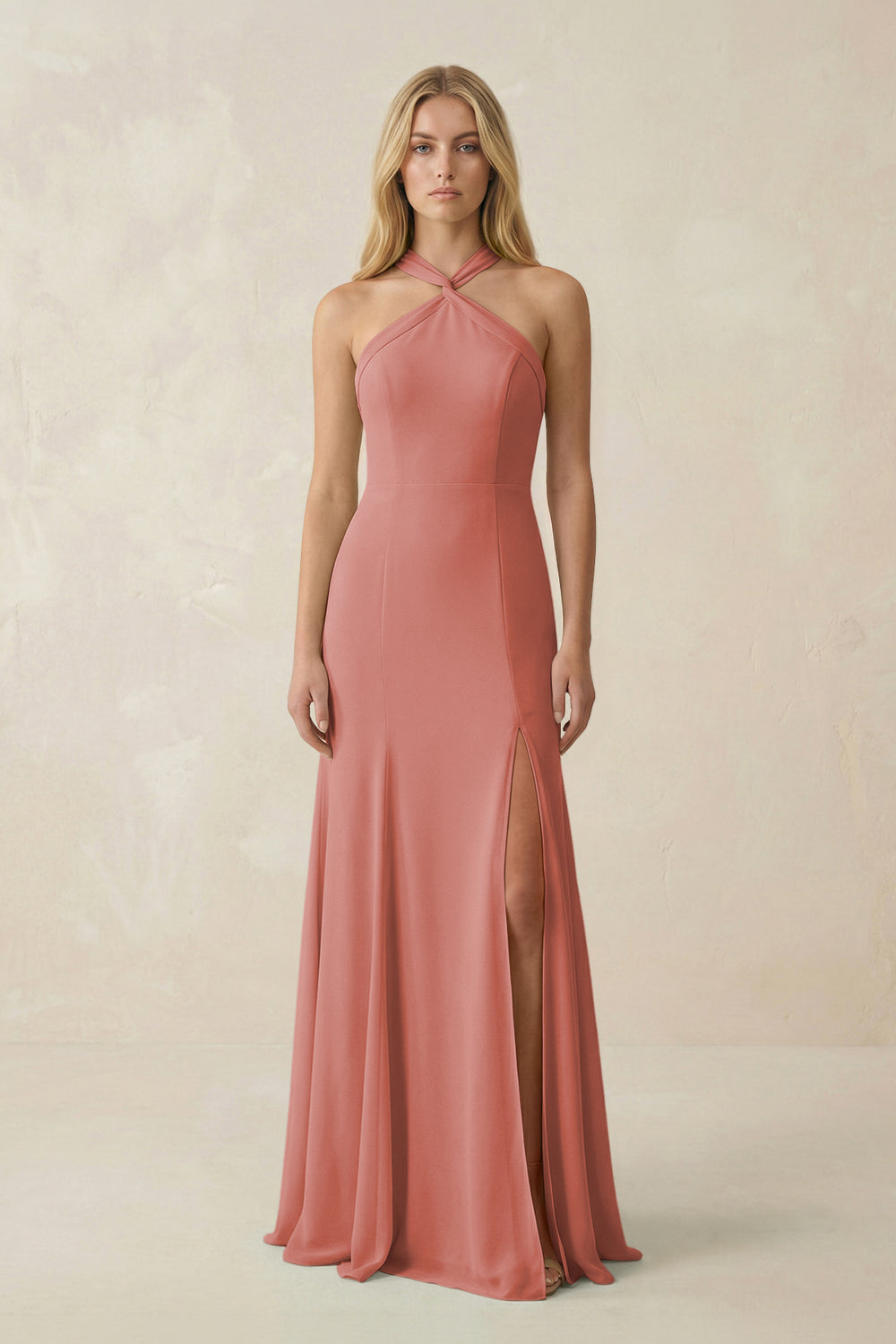 Halter Chiffon Mermaid Ruched Bridesmaid Dress in Mulberry