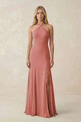 Mulberry Halter Chiffon Mermaid Ruched Bridesmaid Dress | KISSBRIDAL