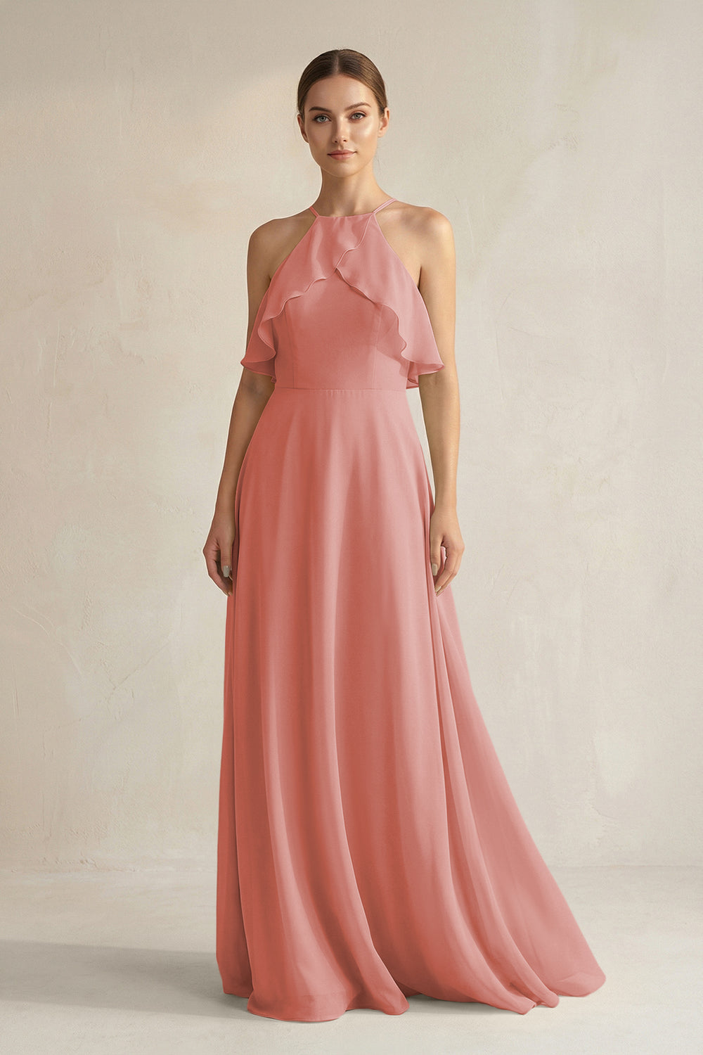 Halter Neck A-Line Chiffon Bridesmaid Dress with Keyhole in Mulberry