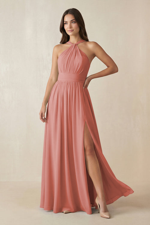 Mulberry Halter Neck Ruched A-Line Chiffon Bridesmaid Dress | KISSBRIDAL
