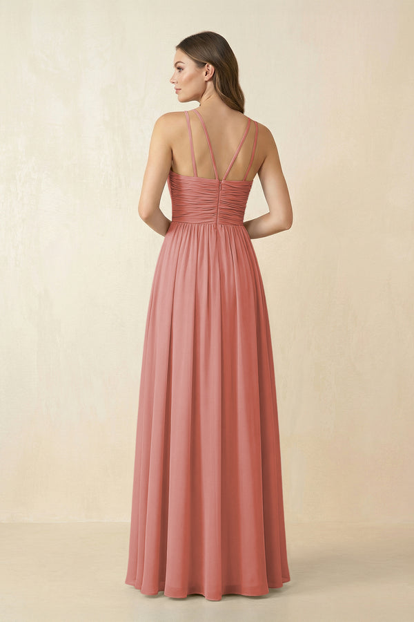 Mulberry Halter Pleated A-Line Chiffon Bridesmaid Dress (2) | KISSBRIDAL