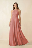 Mulberry Halter Pleated A-Line Chiffon Bridesmaid Dress | KISSBRIDAL