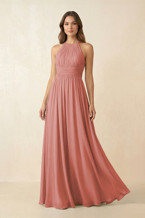 Mulberry Halter Pleated A-Line Chiffon Bridesmaid Dress | KISSBRIDAL