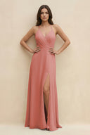 Mulberry Halter Sheath Long Chiffon Bridesmaid Dress | KISSBRIDAL