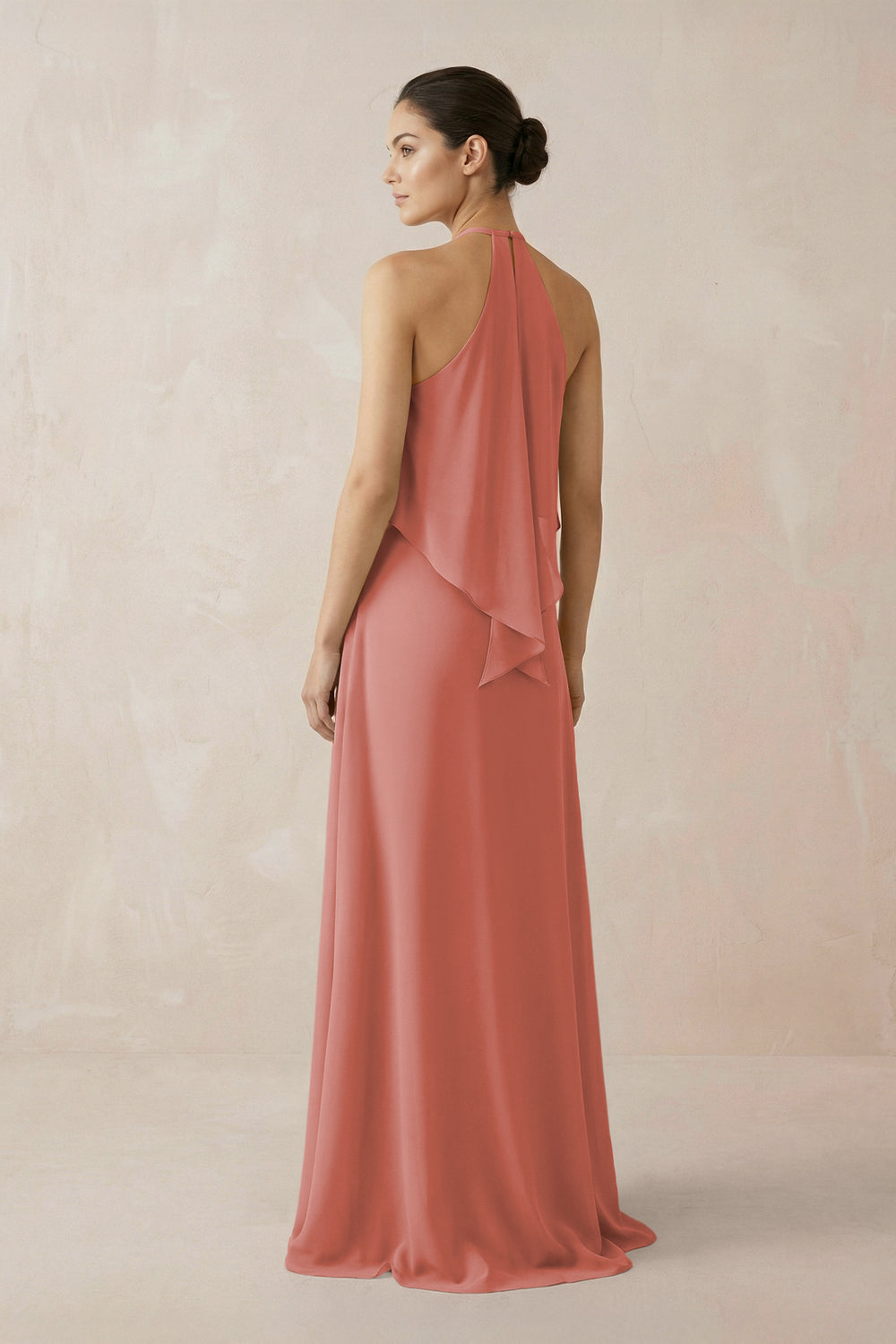 Halter Sheath Ruffled Chiffon Bridesmaid Dress in Mulberry